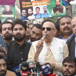 Leaders of Muslim League Q, Chaudhry Sarwar and Chaudhry Shafa Hussain, are addressing to the participants of the rally which is organized to express solidarity with the Palestinians in front of the Press Club