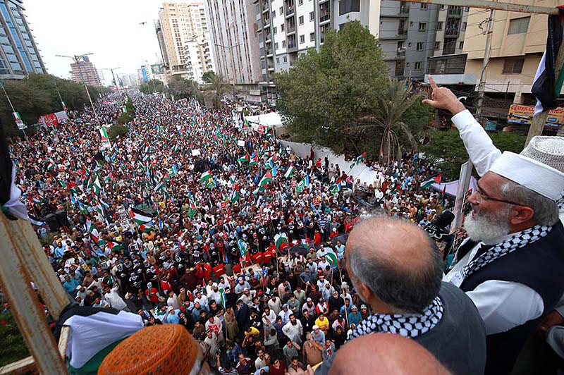 Ameer Jamaat-i-Islami Siraj ul Haq addresses "Al Aqsa Palestine March" organized by JI at Shahrah-e-Faisal