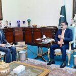 Caretaker Law Minister Ahmed Irfan Aslam calls on Caretaker Prime Minister Anwaar-ul-Haq Kakar.