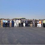 Caretaker Minister for Finance, Excise and Revenue KP Ahmad Rasool Bangash and CAA Chief Operating Officer Zia Ahmad in a group photo with other officials during Full Scale Airport Emergency Exercise at Bacha Khan International Airport