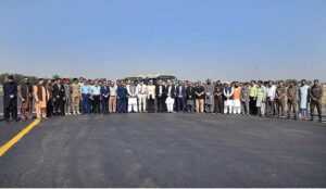 Caretaker Minister for Finance, Excise and Revenue KP Ahmad Rasool Bangash and CAA Chief Operating Officer Zia Ahmad in a group photo with other officials during Full Scale Airport Emergency Exercise at Bacha Khan International Airport