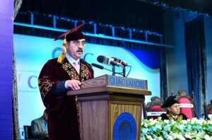 Caretaker Prime Minister Anwaar-ul-Haq Kakar addresses the first convocation of the Institute for Art & Culture.