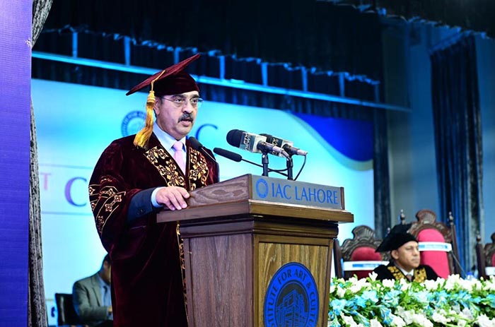 Caretaker Prime Minister Anwaar-ul-Haq Kakar addresses the first convocation of the Institute for Art & Culture.