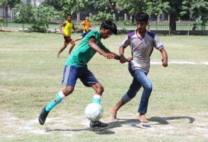 A view of volleyball match played between SD High School and Yazman teams during Inter-District Government Schools Sports Tournament at SD High School Ground.