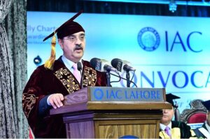 Caretaker Prime Minister Anwaar-ul-Haq Kakar addresses the first convocation of the Institute for Art & Culture.