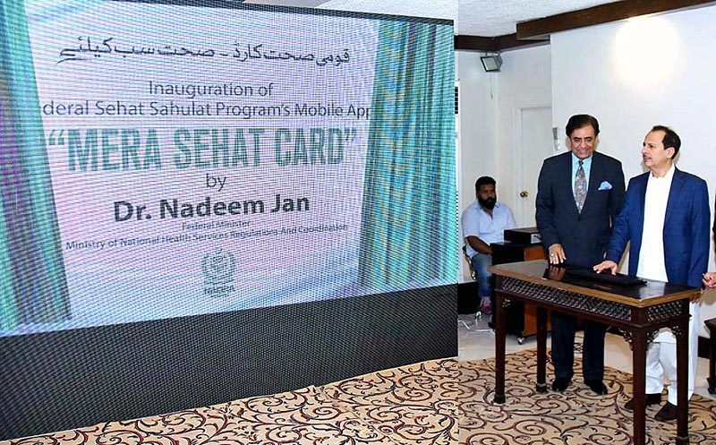 W.H.O Pakistan Mission Head is receiving shield from Federal Minister of National Health Service Regulation and Coordination on the occasion of of "Mera Sehat Card" App launching Ceremony. Minister Health Balochistan is also present