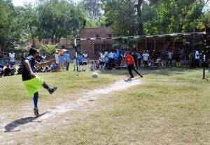 A view of volleyball match played between SD High School and Yazman teams during Inter-District Government Schools Sports Tournament at SD High School Ground.