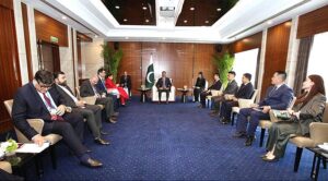 A delegation of East Sea Group led by Fang Yulong calls on Caretaker Prime Minister Anwaar-ul-Haq Kakar.
