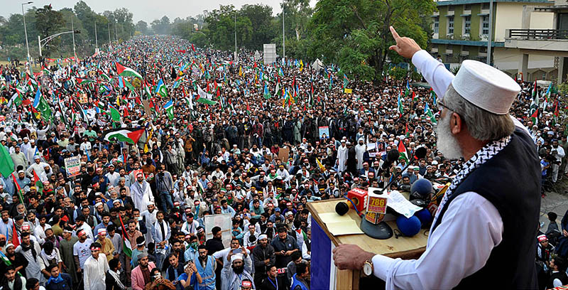 Amir Jamaat-e-Islami Pakistan Sirajul Haque addressing the participants of the Gaza March