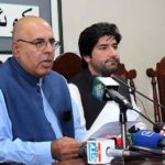 Caretaker Provincial Information Minister Jan Achakzai addressing a press conference at Quetta Press Club