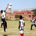 A view of volleyball match played between SD High School and Yazman teams during Inter-District Government Schools Sports Tournament at SD High School Ground.