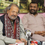 Federal minister for Education and Professional Training Madad Ali Sindhi address to media persons at Press Club.