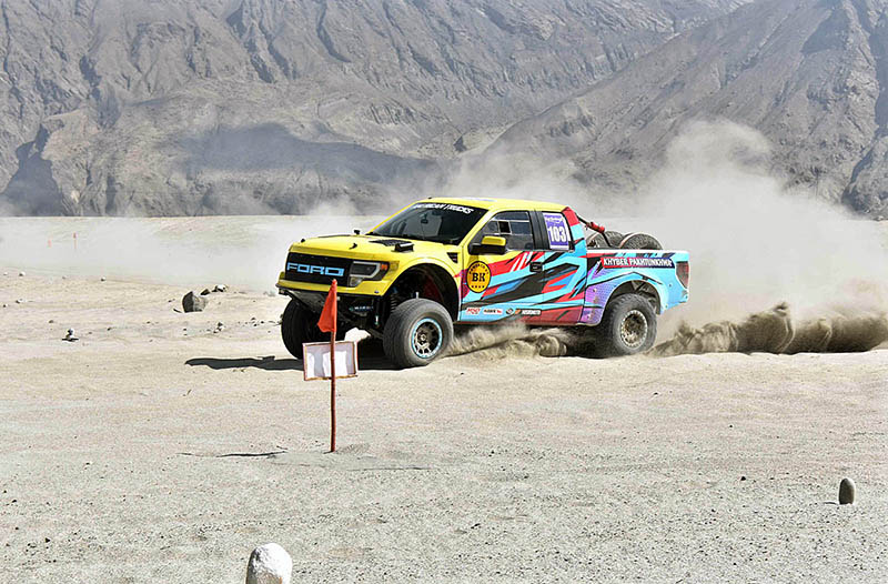 A jeep Racer participant approaching towards its target during the "Sarfaranga Cold Desert Rally 5th Edition 2023 in Final round at world highest desert sarfaranga