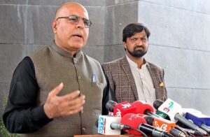 Balochistan Caretaker Minister for Information Jan Achakzai addressing press conference regarding decision taken in meeting of provincial cabinet