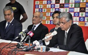 Federal Caretaker Minister of Information and Broadcasting, Murtaza Solangi addressing to media after Pakistan winning the qualifiers match for FIFA World Cup at Pakistan Sports Complex