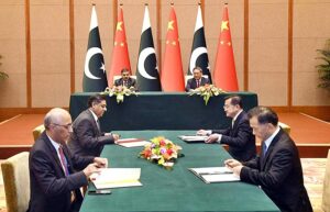 Caretaker Prime Minister Anwaar-ul-Haq Kakar and Chinese Premier Li Qiang witnessing the signing of MoUs between China and Pakistan to enhance cooperation in diverse fields.