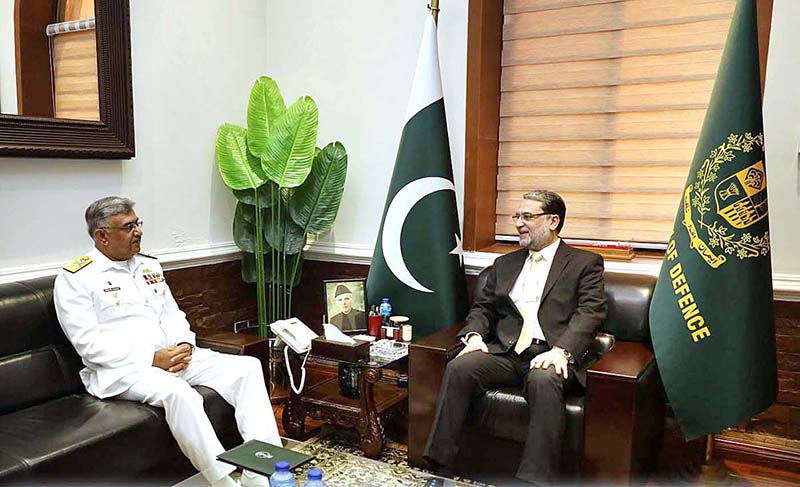 Chief of the Naval Staff, Admiral Naveed Ashraf calls on Minister for Defence, Lt Gen Anwar Ali Hyder (Retd) in Ministry of Defence.