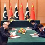 Caretaker Prime Minister Anwaar-ul-Haq Kakar and Chinese Premier Li Qiang witnessing the signing of MoUs between China and Pakistan to enhance cooperation in diverse fields.