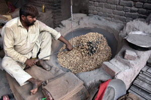 A labourer busy in roasting peanuts at his workplace as demand increased during winter season