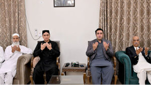 Chairman Pakistan People's Party Bilawal Bhutto Zardari offering condolences and Fateha over the demise of the Syed Ameer Ali Shah Jamot Father of Ex MNA Syed Tarique Shah Jamot at his residence