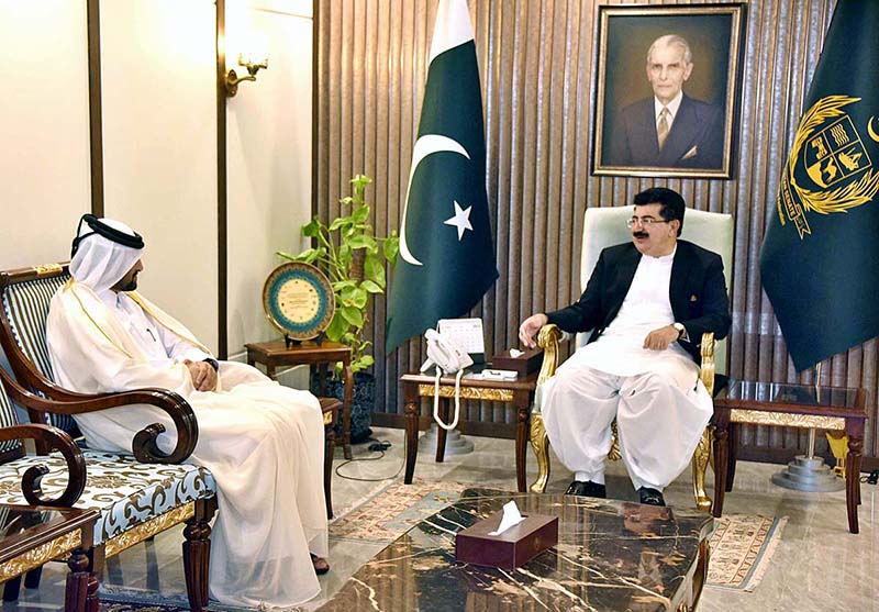 Chairman Senate, Muhammad Sadiq Sanjrani exchanging views with Chargé D'AFFAIRS at the embassy of the state of Qatar, Mr. Issa Bin Muhammad Al-Dasam Al-Kubaisi, at Parliament House