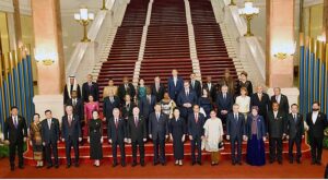 Chinese President Xi Jinping and First Lady, Madame Peng Liyuan in a group photograph with Caretaker Prime Minister Anwaar-ul-Haq Kakar upon his arrival at Great Hall of the People to attend the banquet hosted by President Xi Jinping in honor of the leaders of the countries participating in the 3rd Belt and Road Forum