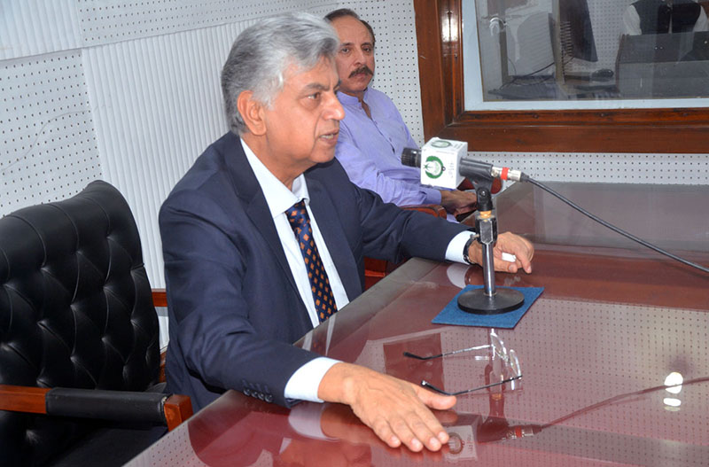 Caretaker Federal Minister for Information and Broadcasting, Murtaza Solangi addressing to live program at Radio Pakistan