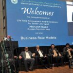 Caretaker Federal Minister for Information and Broadcasting Murtaza Solangi addressing during the “Life Time Achievement Award Ceremony for Senior Journalist Mr. Hanif Khalid (Resident Editor Daily Jang) and other Business Role Models” organized by Islamabad Chamber of Commerce & Industry