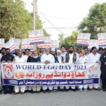 People from different poultry organizations are participating in a walk on the eve of World Egg Day organized by Shabbir Poultry Services