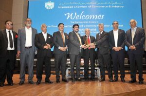 Caretaker Federal Minister for Information and Broadcasting Murtaza Solangi addressing during the “Life Time Achievement Award Ceremony for Senior Journalist Mr. Hanif Khalid (Resident Editor Daily Jang) and other Business Role Models” organized by Islamabad Chamber of Commerce & Industry