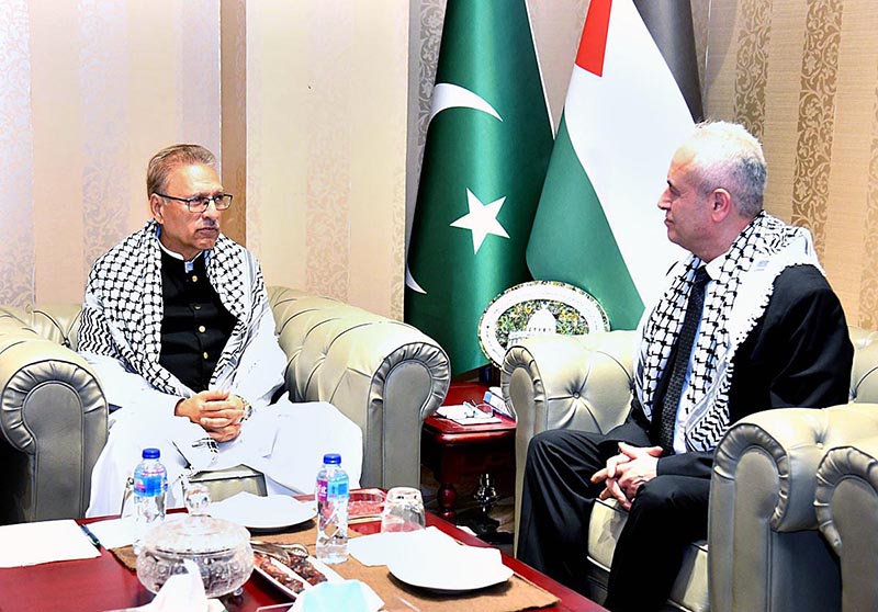 President Dr Arif Alvi in a meeting with the Ambassador of the State of Palestine in Pakistan, Mr Ahmed Jawad Rabei, and expressing solidarity with the people of Palestine