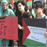 Women of Civil society are demonstrating outside the press club to express solidarity with the Palestinians