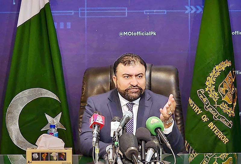 Caretaker Federal Minister for Interior Sarfraz Ahmed Bugti addressing a Press Conference