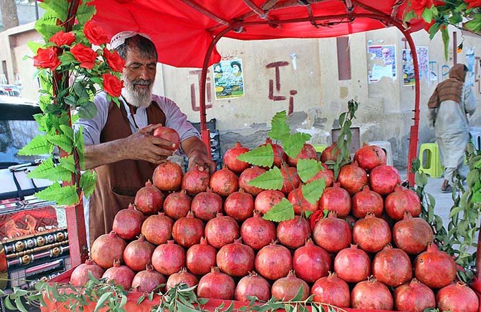 Vendor displaying pomegranates at his handcart for attracting customer near Adalat Road.