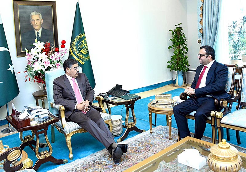 Pakistan's Ambassador designate to Morocco Sami Malik calls on Caretaker Prime Minister Anwaar-ul-Haq Kakar.