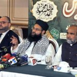 Chairman, Pakistan Ulema Council, Hafiz Muhammad Tahir Mahmood Ashrafi addressing to media during the Palestine Conference at a local hotel.