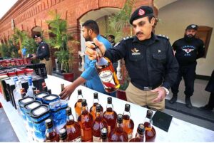 SP Cantt, Waqas Rafiq addressing a press conference at Police Line regarding recovered huge quantity of smuggled liquor