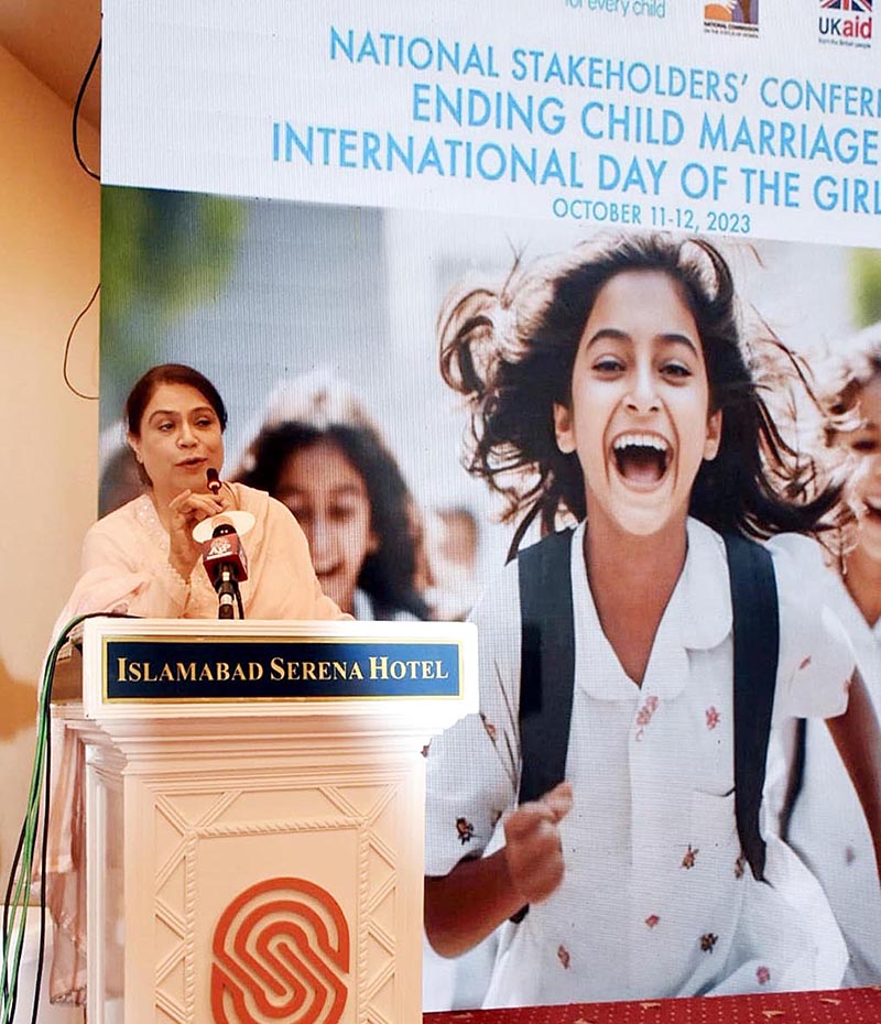 Chairperson National Commission on the Status of Women (NCSW), Nilofar Bakhtiar addressing national conference on ending child marriage