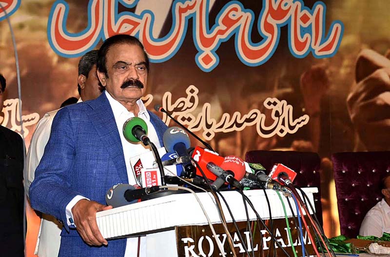 Former Federal Interior Minister Rana Sanaullah Khan is addressing to the media persons after a party officials Meeting at Royal Palm Marquee