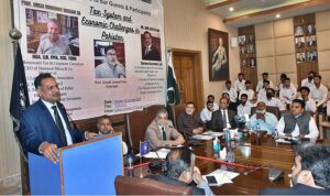 Former President Lahore Bar Association Jameel Akhtar Baig Advocate Expert Economics addressing to a seminar on Tax System and Economic Challenges in Pakistan at SCCI organized by Government Graduate College of Commerce