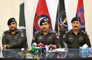 SP Cantt, Waqas Rafiq addressing a press conference at Police Line regarding recovered huge quantity of smuggled liquor