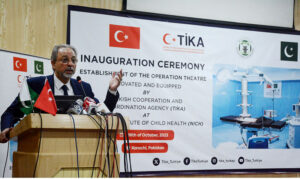 Turkish Ambassador to Pakistan Mehmet Pacaci addressing the inauguration ceremony of an Operation Theatre (Operating Room) renovated and equipped by the Turkish Cooperation and Coordination Agency (TIKA) at the National Institute of Child Health (NICH)