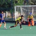 Khanewal and Bahawalngar players in action during final hockey match at Education Department South Punjab Inter District Sports Hockey Tournament