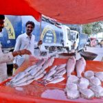 A man selling fish at a roadside stall