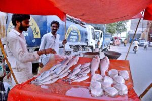 A man selling fish at a roadside stall