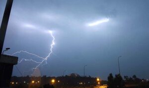 A striking view of lightning above the Pakistan Monument in the sky of the Federal Capital