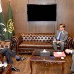 Caretaker Federal Minister for Water Resources, Ahmad Irfan Aslam in a meeting with the President of International Association for Hydro-Environment Engineering and Research regarding water related issues. Chairman Flood Commission, Mr. Ahmad Kamal is also present in the meeting.