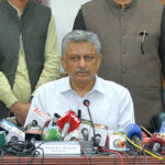 Caretaker Sindh Minister of Finance, Revenue and Planning and Development Mohammad Younus Dagha addressing to media persons