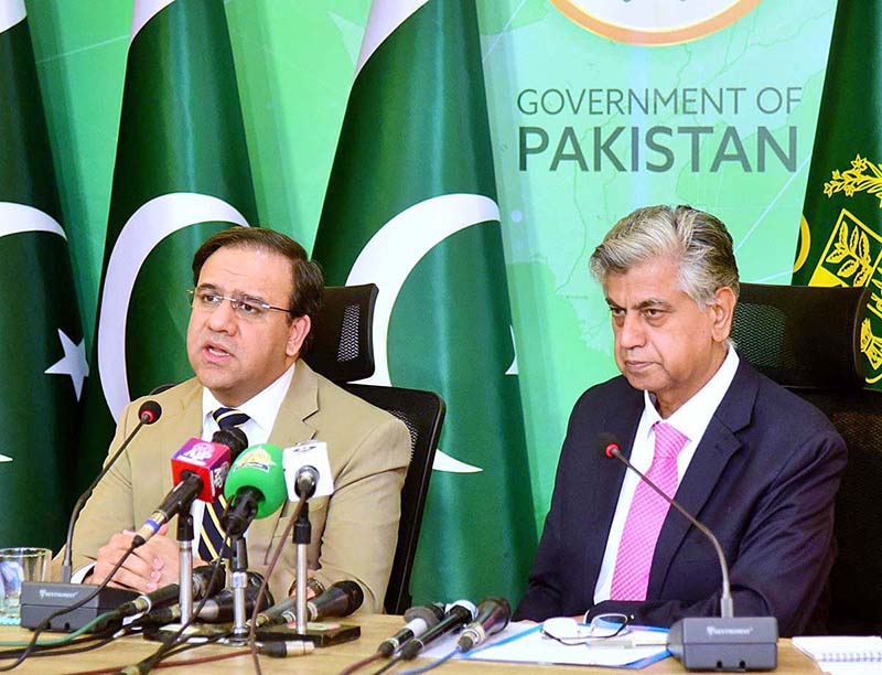 Caretaker Federal Minister for IT and Telecommunication, Dr. Umar Saif, and Caretaker Federal Minister for Information & Broadcasting, Murtaza Solangi addressing Press Conference.