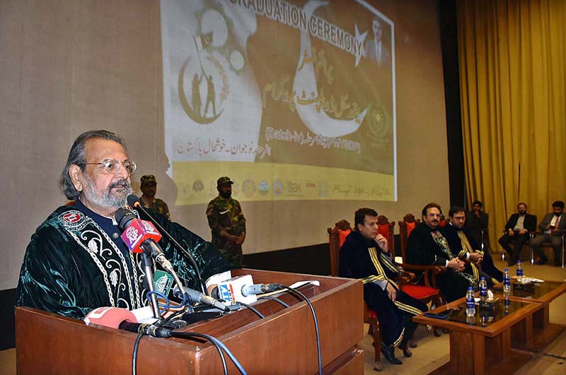 Caretaker Federal Minister for Education and Professional Training Madad Ali Sindhi distributing certificates in a graduation ceremony under PM’s Youth Skills Development Program at University of Balochistan